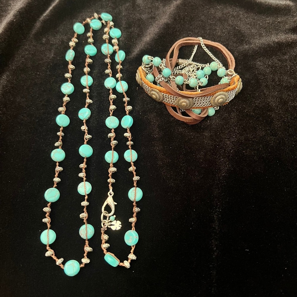 Lucky Brand Boho Turquoise Western Theme Long Beaded Necklace Bracelet Earrings